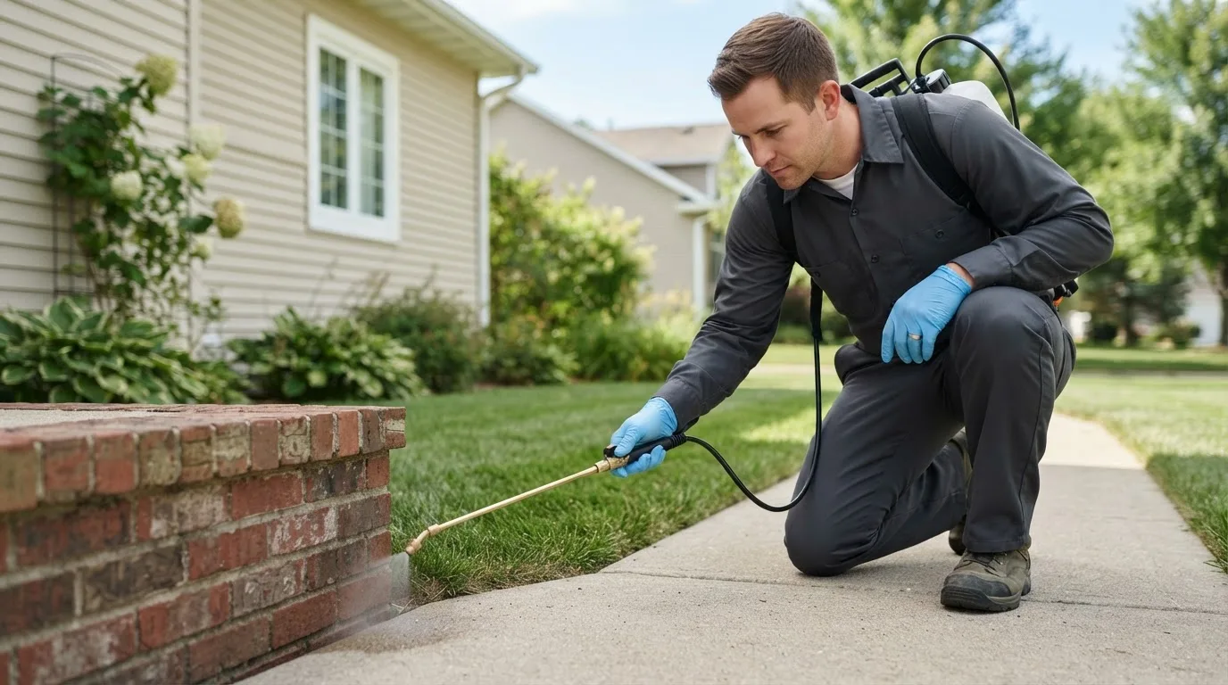 Pest control technician treating a home near Klingerstown, PA